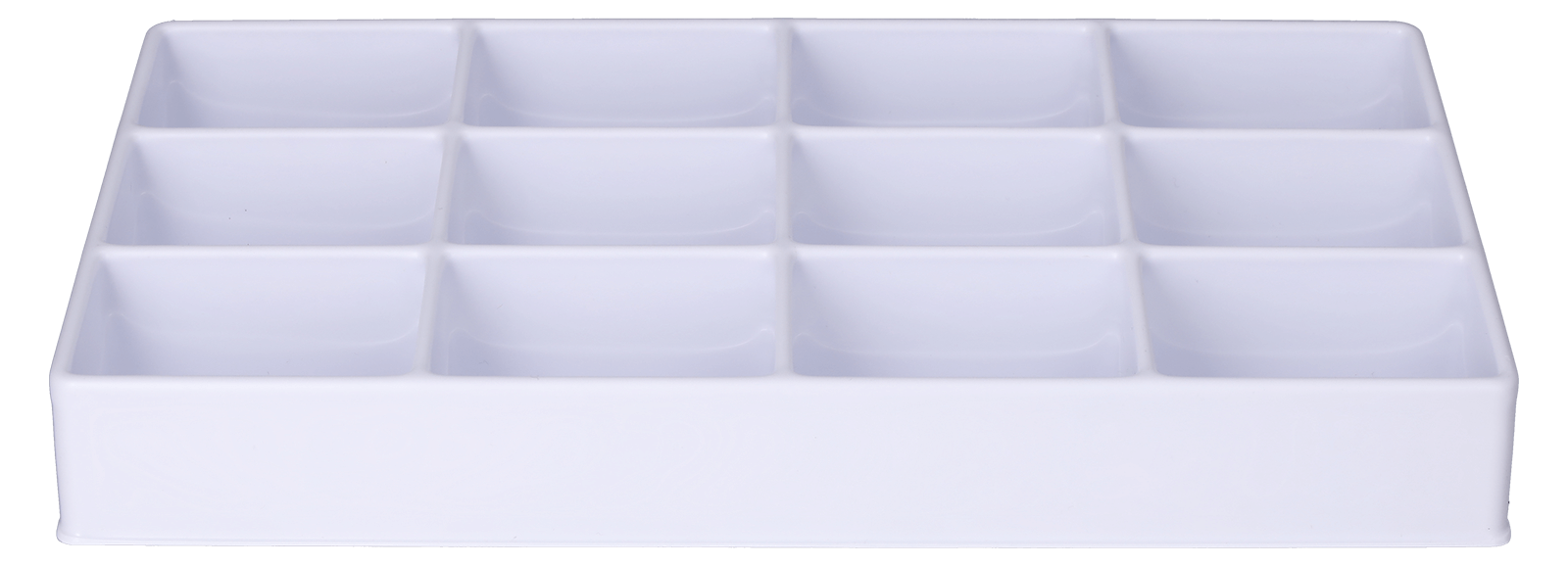 Tiefzieheinlage weiß, 12 Kavitäten rechteckig, PS frontal